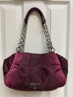 Prada Two-Tone Plum Satin Shoulder Bag with Chain Handles